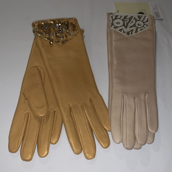 Target Pair of VINTAGE Y2K Leather Gold & Tan Gloves .. Beautiful - Picture 1 of 11